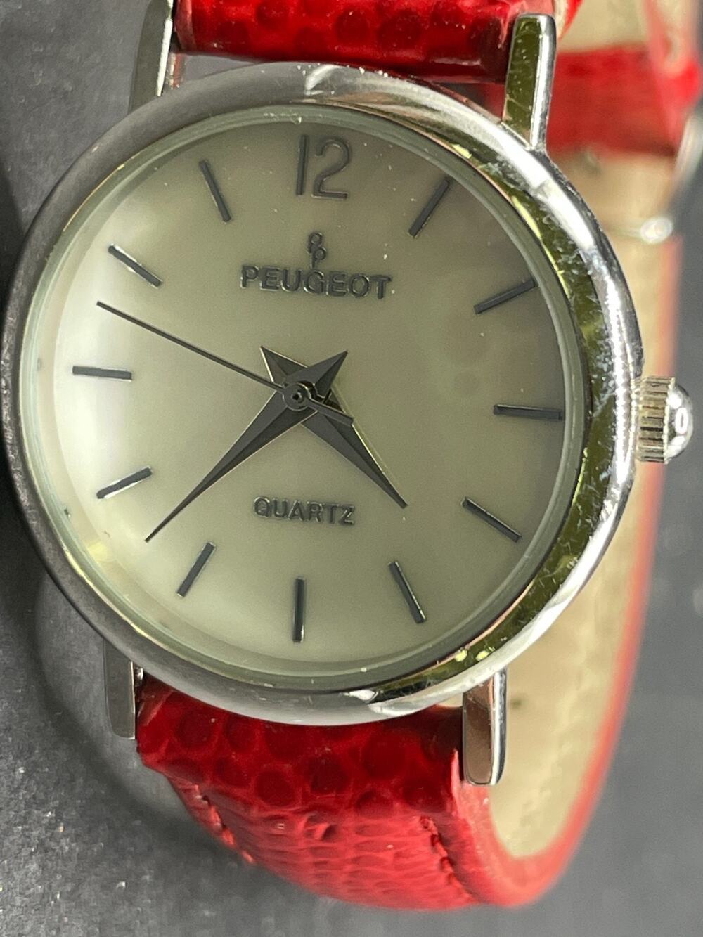 Peugeot Women's Easy Reader Wrist Watch 3030 Silver Tone Red Leather Band 27mm